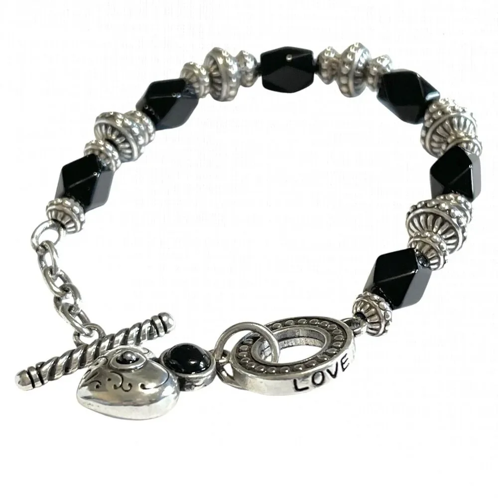 Brighton Toggle Bracelet Silver Plated Black Faceted Glass Bead Heart Love 7.5